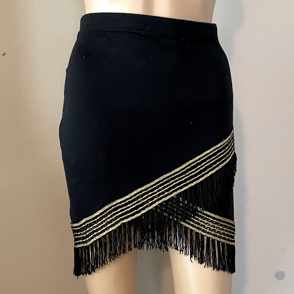 Cristina skirt, black with fringes and gold detailing. Small